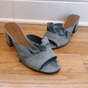 Grey ruffle open toe heels